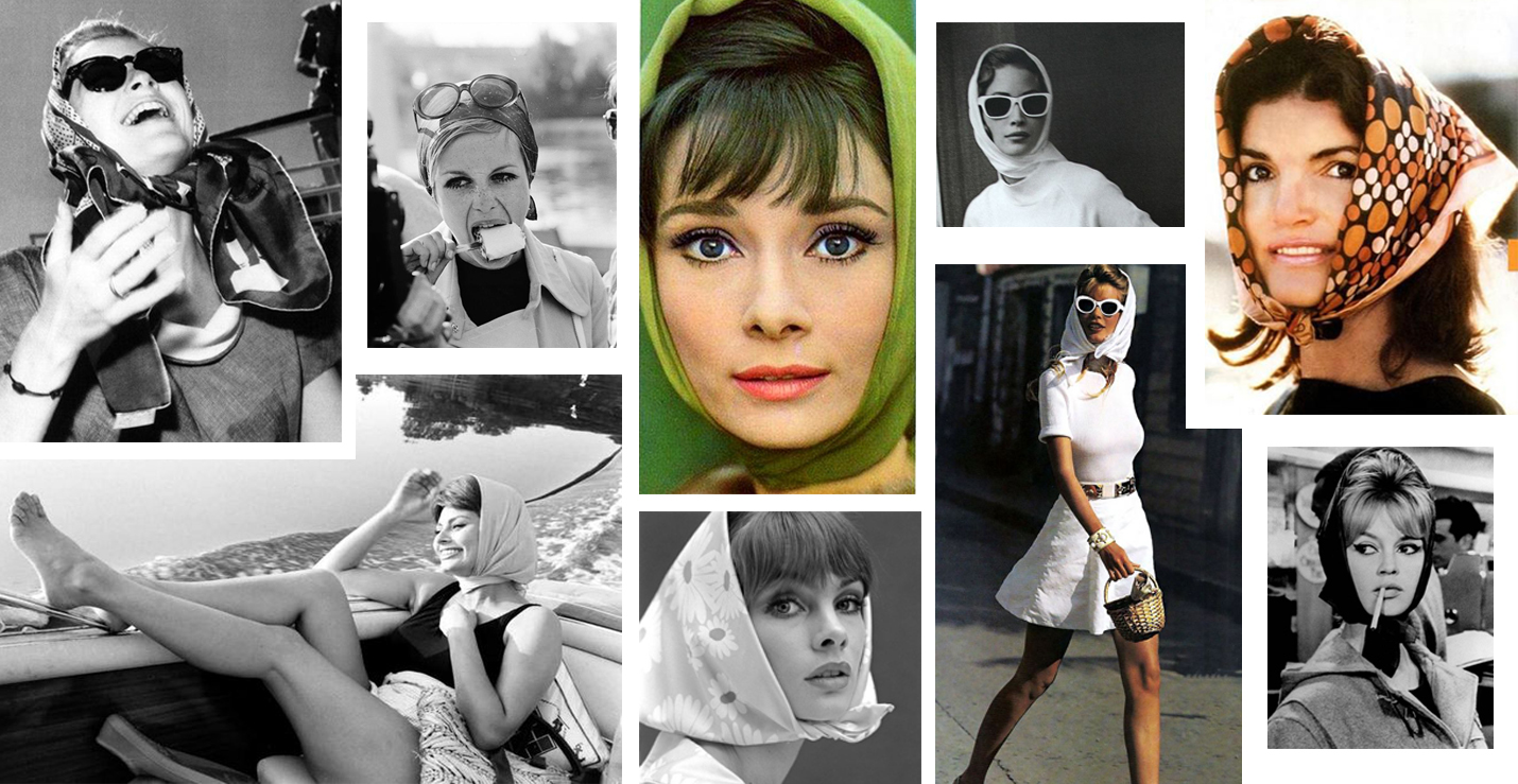 foulard headscarf grace kelly audrey heoburn twiggy sofia loren jackie o brigitte bardot 60s